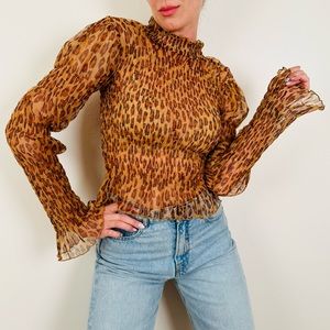 Free People Hello There Smocked mesh leopard print long sleeve top